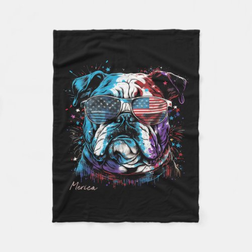 Bulldog Dog 4th Of July American Flag Usa Fun  Fleece Blanket