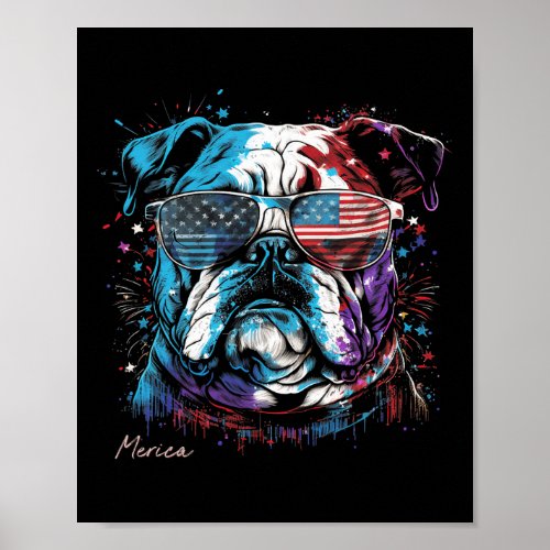 Bulldog Dog 4th Of July American Flag Usa Fun  Poster