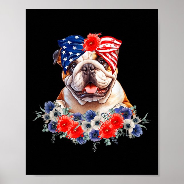 Bulldog Dog Bandana American Flag 4th Of July  Poster (Front)