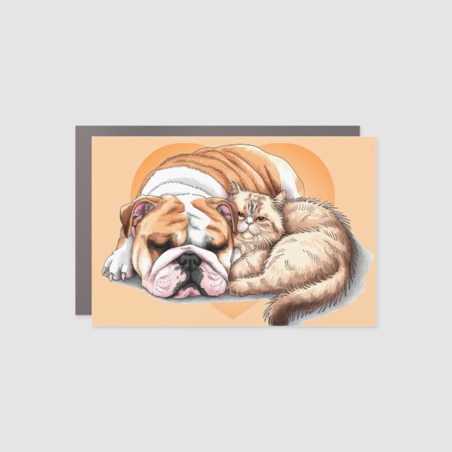 Bulldog Dog Cat Cuddle Love Magnet Design Pets (Front)