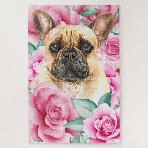 Bulldog dog face watercolor drawing pink rose jigsaw puzzle