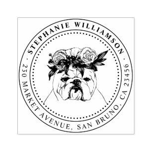 Bulldog Dog Illustration Name & Return Address Rubber Stamp