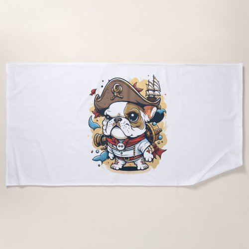 Bulldog Dog Pirate Captain Beach Towel