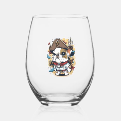 Bulldog Dog Pirate Captain Stemless Wine Glass
