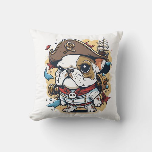 Bulldog Dog Pirate Captain Throw Pillow