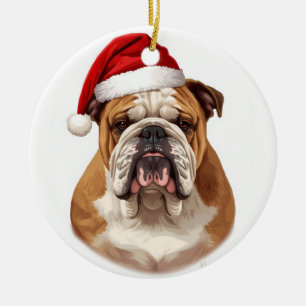 Bulldog Dog Santa Hat Merry Christmas Art Ceramic Ornament