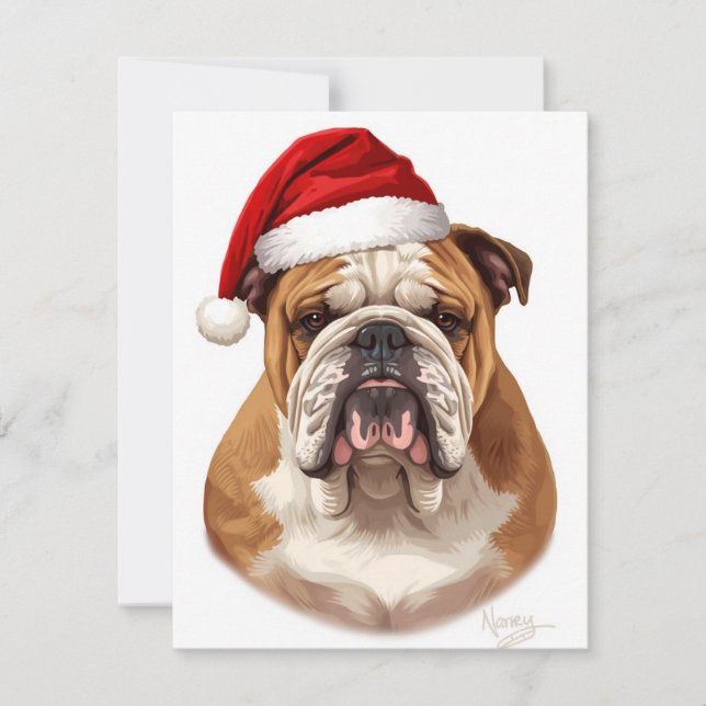 Bulldog Dog Santa Hat Merry Christmas Art Holiday Card (Front)