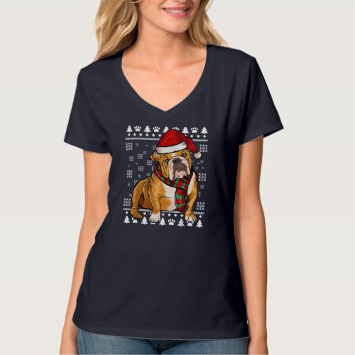 Bulldog Dog Santa Hat Xmas Ugly Christmas T_Shirt