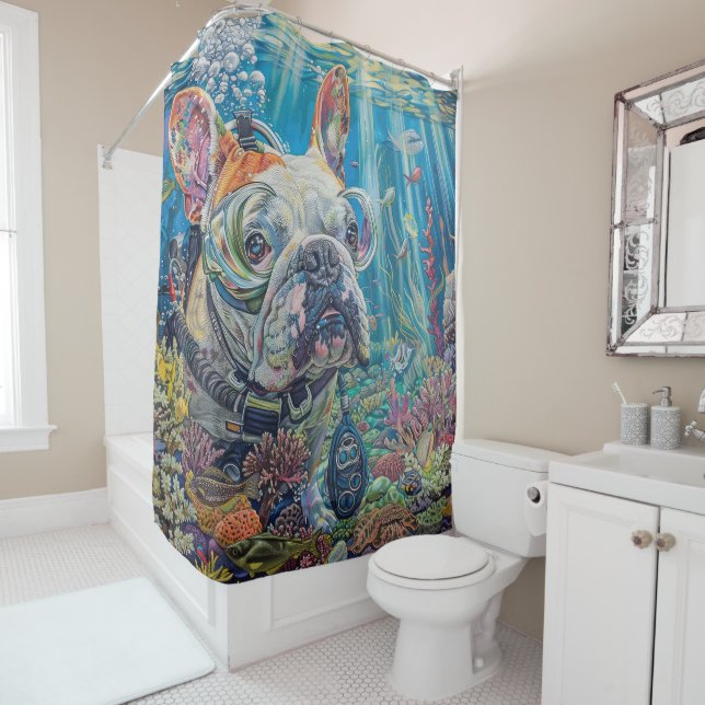 Bulldog Dog Scuba Diving Underwater Shower Curtain (In Situ)