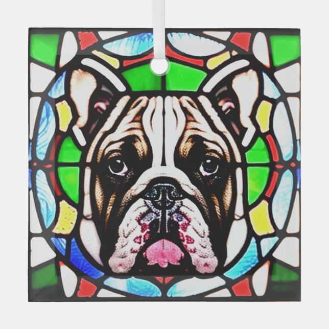 Bulldog Dog "Stained Glass"  Glass Ornament (Front)