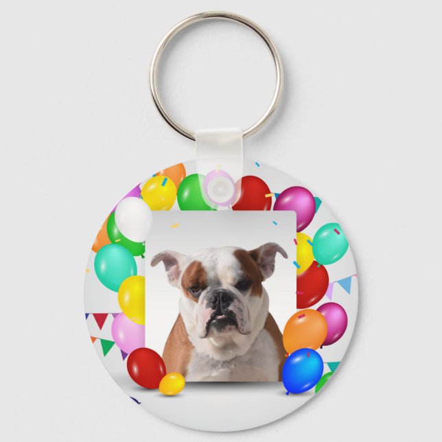 Bulldog Dog with colorful Balloons Birthday Theme Keychain (Front)