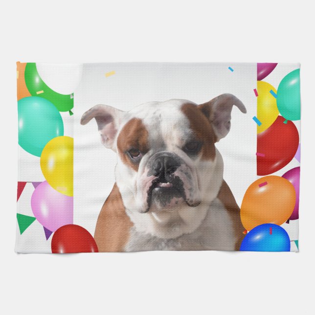 Bulldog Dog with colorful Balloons Birthday Theme Kitchen Towel (Horizontal)