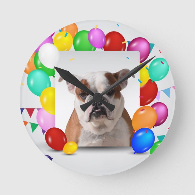 Bulldog Dog with colorful Balloons Birthday Theme Round Clock (Front)