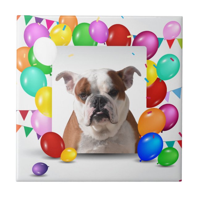 Bulldog Dog with colorful Balloons Birthday Theme Tile (Front)