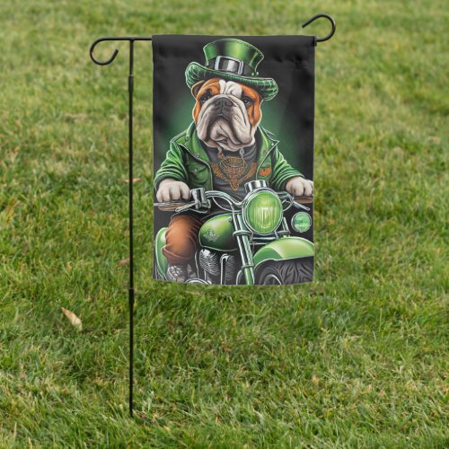 Bulldog Driving Bike St Patricks Day Garden Flag