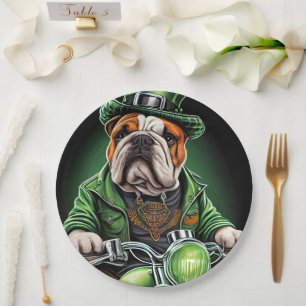 Bulldog Driving Bike St. Patrick's Day Paper Plates