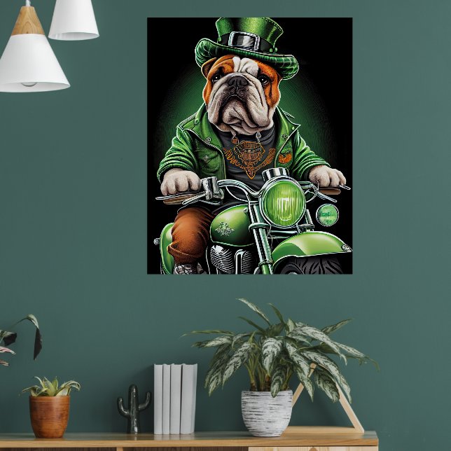 Bulldog Driving Bike St. Patrick's Day Poster (Living Room 1)