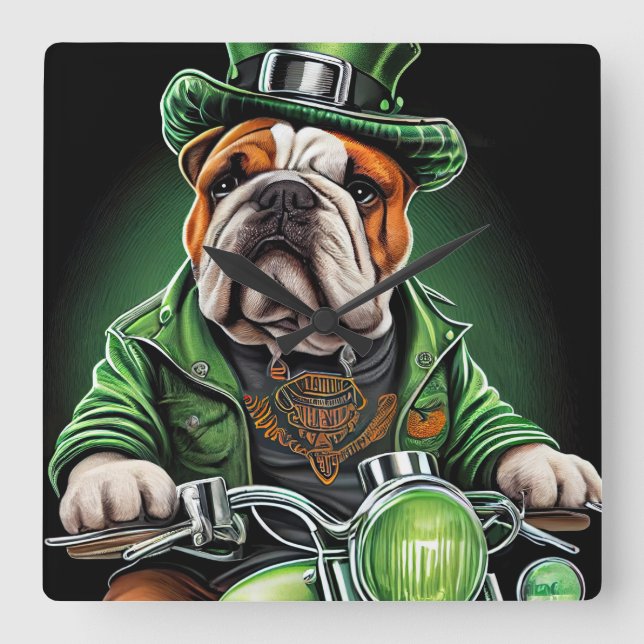 Bulldog Driving Bike St. Patrick's Day Square Wall Clock (Front)