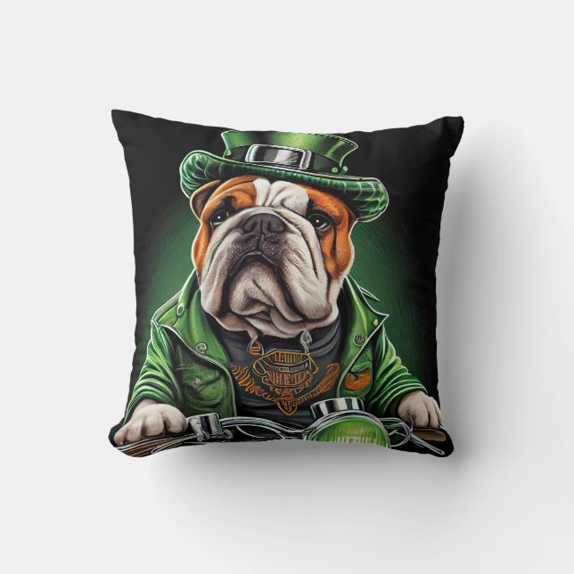 Bulldog Driving Bike St. Patrick's Day Throw Pillow (Front)