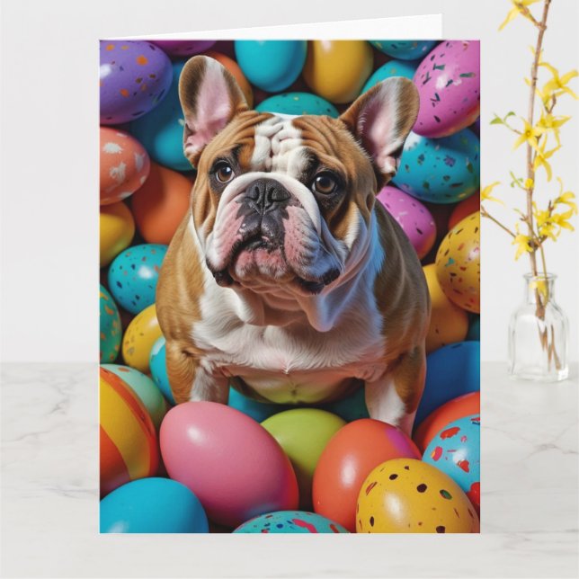 Bulldog Easter Eggs  Card (Yellow Flower)