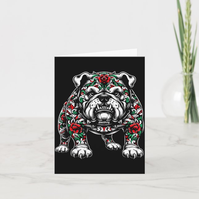 Bulldog Floral Red Rose Mens Womens  Card (Front)