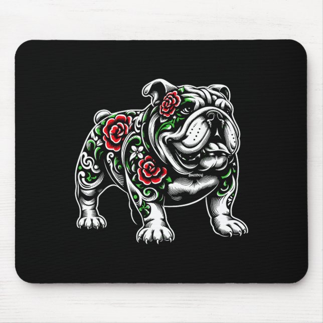 Bulldog Floral Red Rose Mens Womens  Mouse Pad (Front)