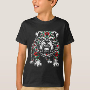 Bulldog Floral Red Rose Mens Womens  T-Shirt