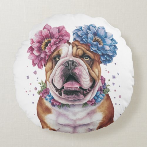 Bulldog Flower Crown Watercolor Print Round Pillow