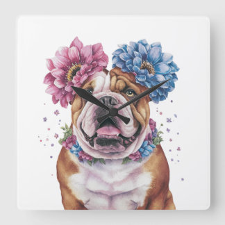 Bulldog Flower Crown Watercolor Print Square Wall Clock