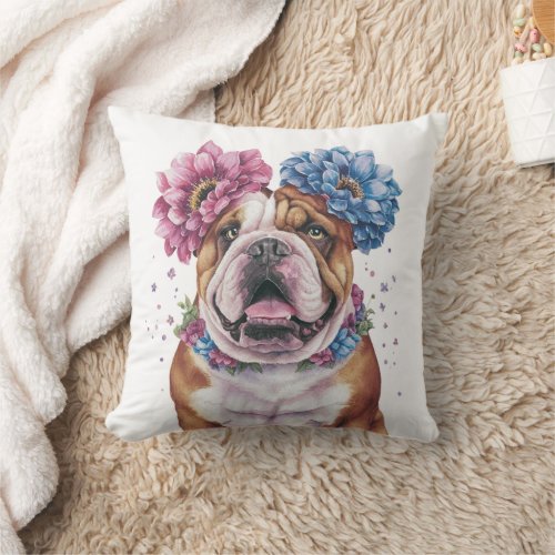 Bulldog Flower Crown Watercolor Print Throw Pillow