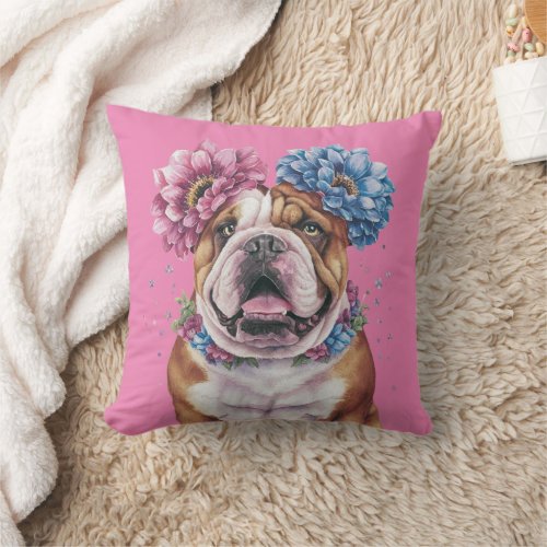 Bulldog Flower Crown Watercolor Print Throw Pillow