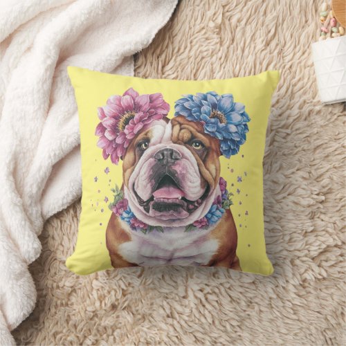 Bulldog Flower Crown Watercolor Print Throw Pillow