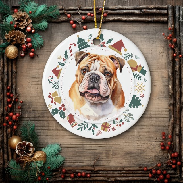 Bulldog Framed in Christmas Images Ceramic Ornament (Creator Uploaded)