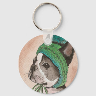 Bulldog Frances con gorro de lana Keychain