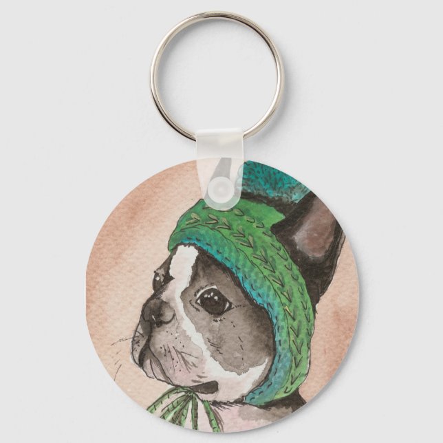 Bulldog Frances con gorro de lana Keychain (Front)