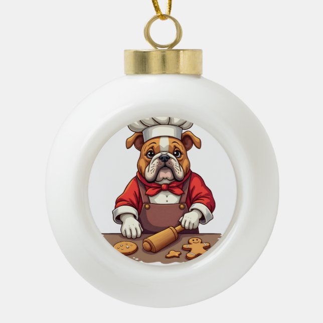 Bulldog Gingerbread Chef Ceramic Ball Christmas Ornament (Front)