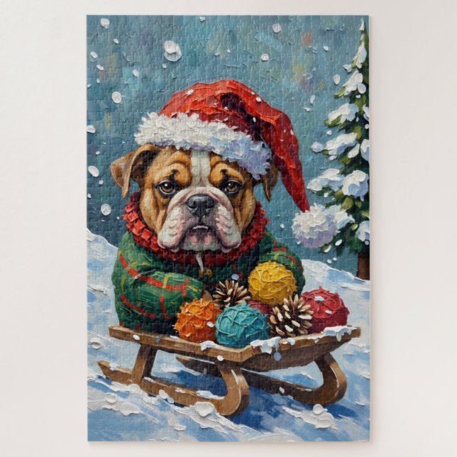 Bulldog Grumpy Rider in Christmas Sled Hat Jigsaw Puzzle (Vertical)