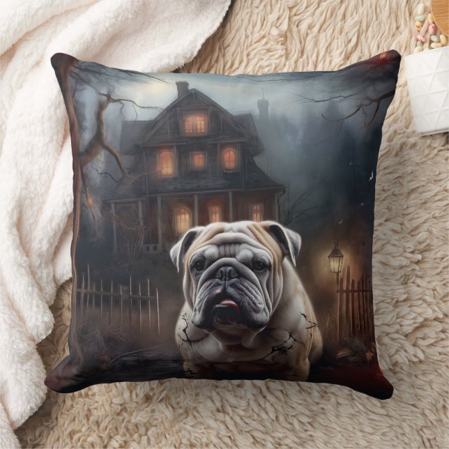 Bulldog Halloween Scary  Throw Pillow (Blanket)