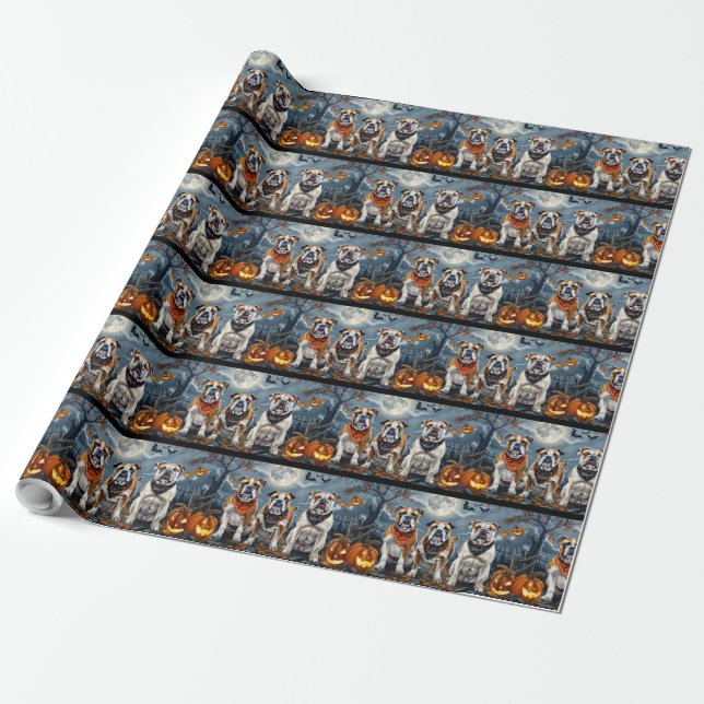 Bulldog Halloween Spooky Wrapping Paper (Unrolled)