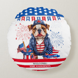 Bulldog Happy 4Th Of July America Independence Day Round Pillow