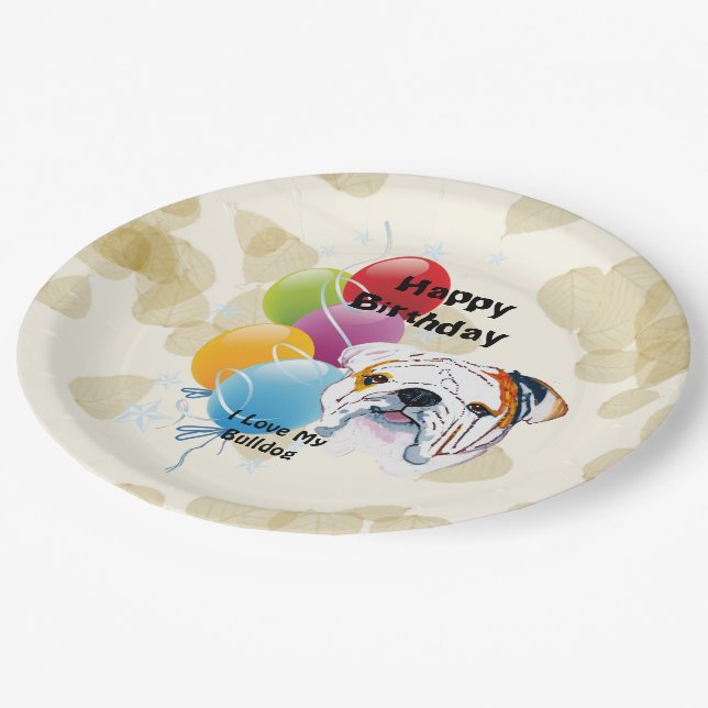 Bulldog Happy Birthday Decor Paper Plates (Angled)