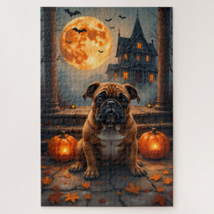 Bulldog Haunted Porch Halloween Artwork Jigsaw Puzzle