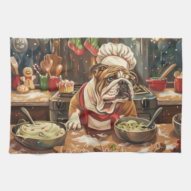 Bulldog Holiday Baking: Festive Christmas  Kitchen Towel (Horizontal)