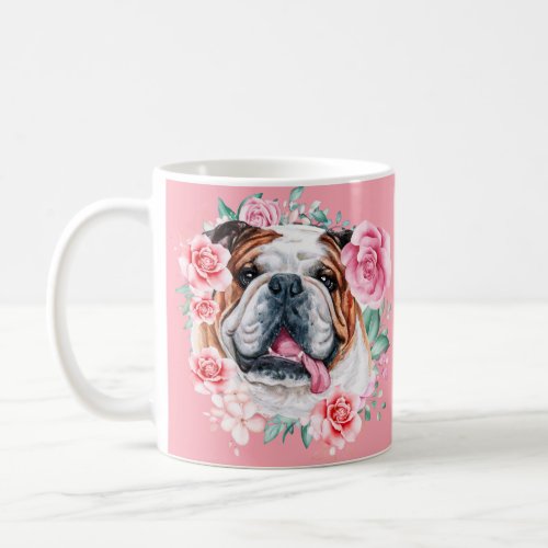 Bulldog illustration watercolor rose floral art coffee mug
