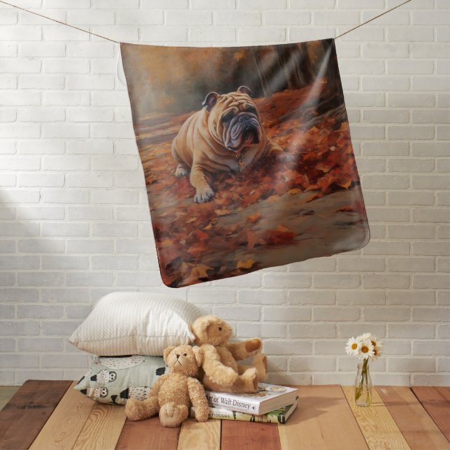 Bulldog in Autumn Leaves Fall Inspire  Baby Blanket (In Situ)