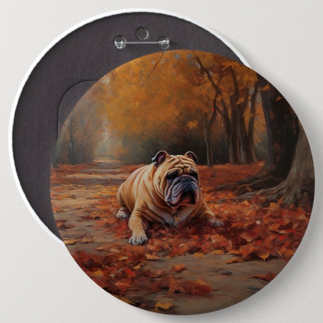 Bulldog in Autumn Leaves Fall Inspire  Button (Front & Back)