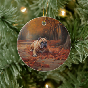 Bulldog in Autumn Leaves Fall Inspire Ceramic Ornament