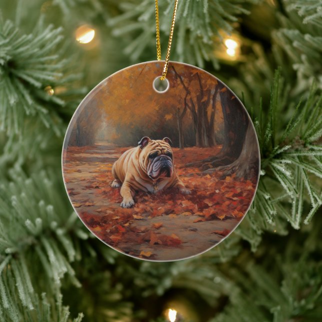 Bulldog in Autumn Leaves Fall Inspire  Ceramic Ornament (Tree)