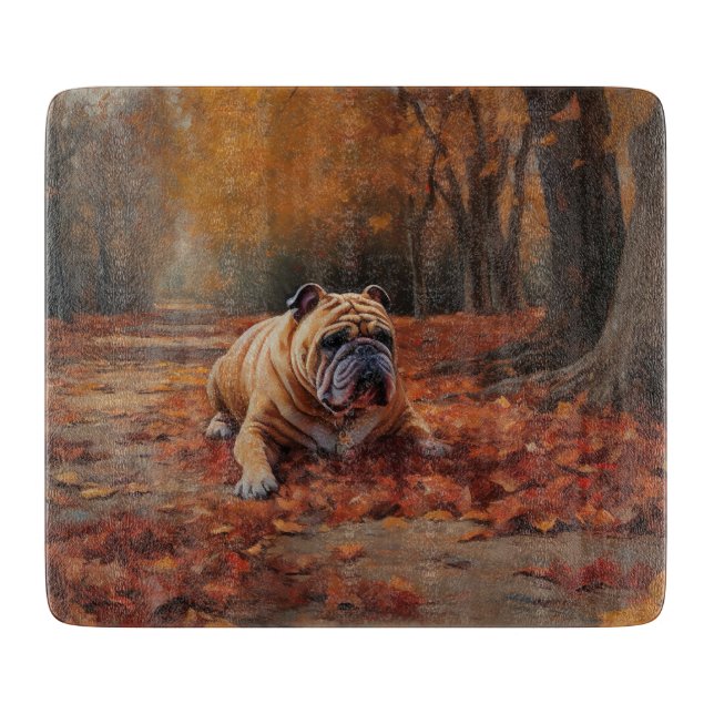 Bulldog in Autumn Leaves Fall Inspire  Cutting Board (Front)