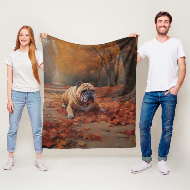 Bulldog in Autumn Leaves Fall Inspire  Fleece Blanket (In Situ)